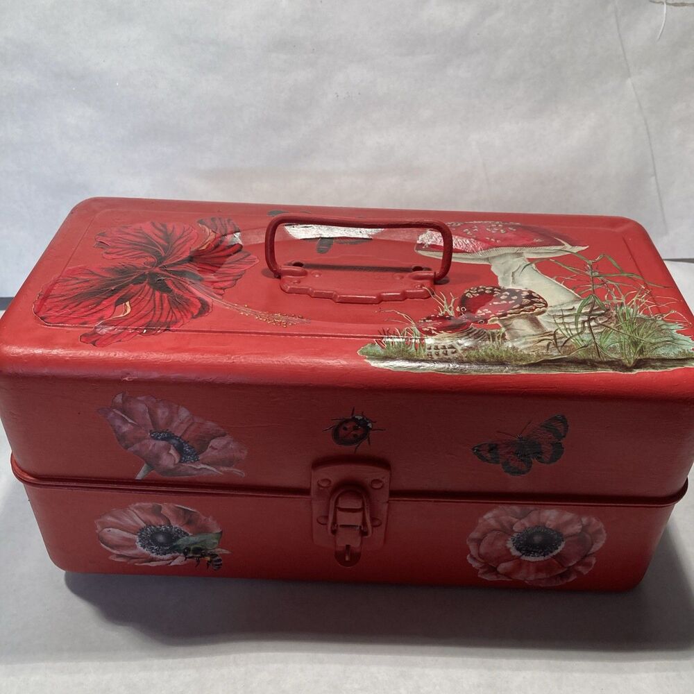 Vintage Red Metal Tool Box / tackle fishing box with Floral Transfers